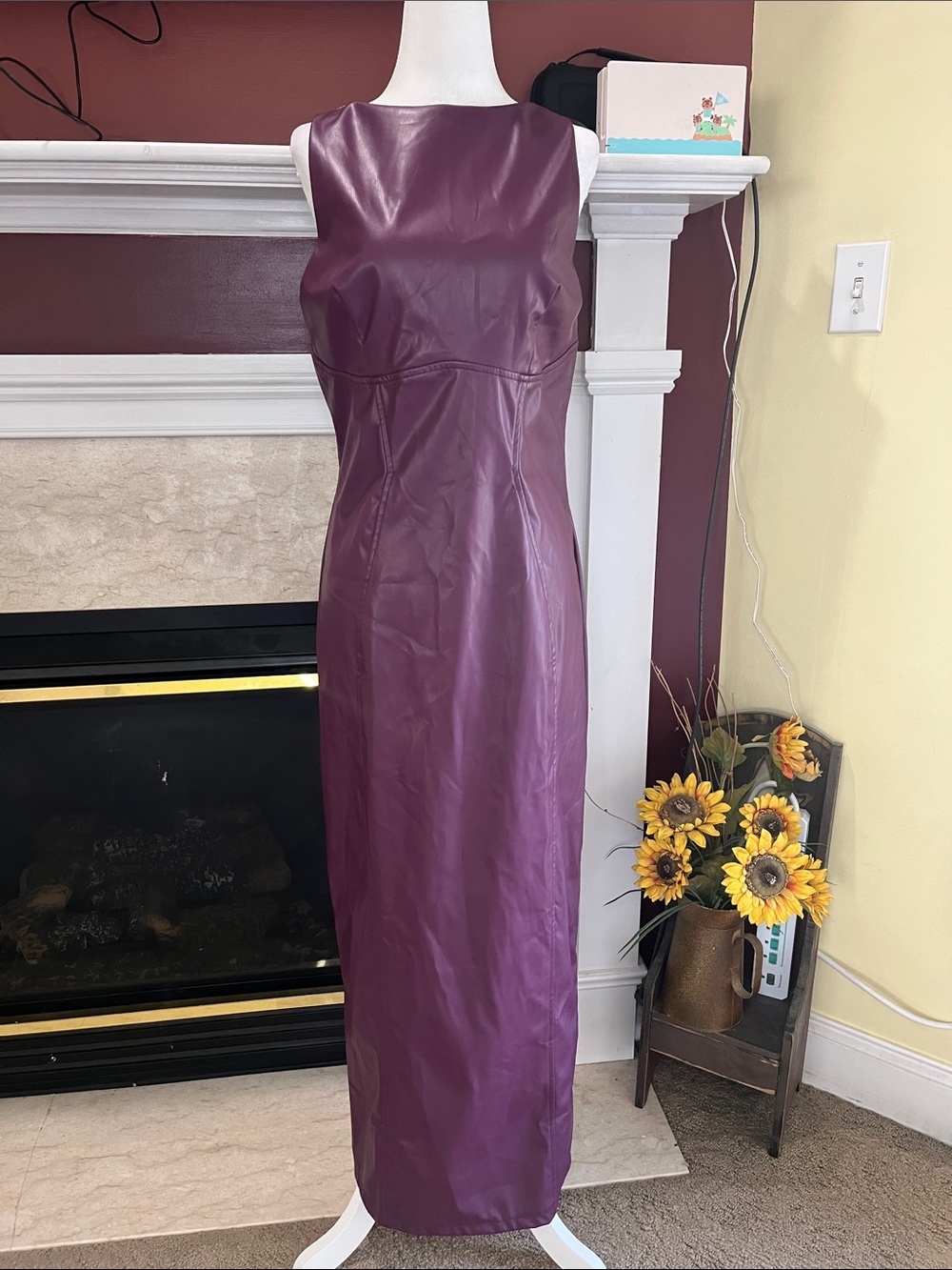 Sleeveless Polyurethane Slim Fitting Maxi Dress in Plum